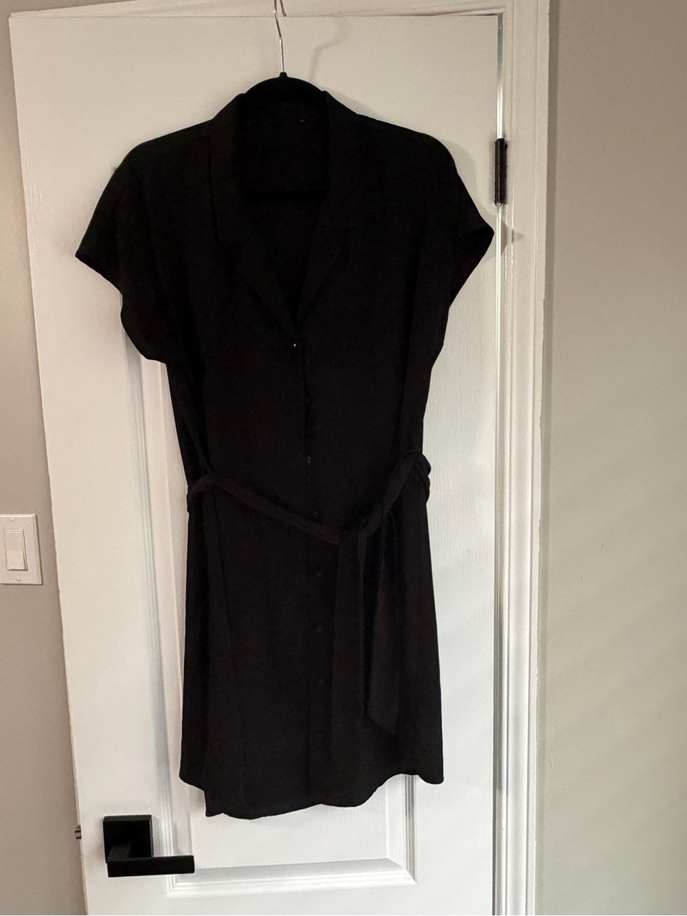 Black Short-Sleeve Shirt Dress with Waist Tie